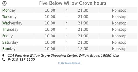 Willow grove mall hours - Duration: 1-2 hours. Suggest edits to improve what we show. Improve this listing. Full view. All photos (27) Top ways to experience nearby attractions. A Day in Amish Country. 97. ... Great sister's outing recently at the Willow Grove Park Mall. Lots of individual stores, great food court, and a place to walk and talk. Highly recommend to all.